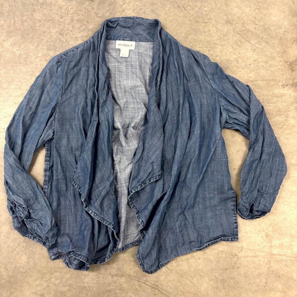 Peck & Peck Lyocell Chambray Open Front Cardigan Jacket Roll Tab Blue Women's L